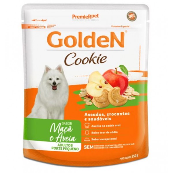 PETISCO GOLDEN COOKIE CÃES ADULTOS PORTE PEQUENO MAÇÃ E AVEIA 350G