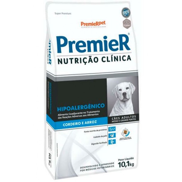 RAÇÃO PREMIER NUTRIÇÃO CLÍNICA HIPOALERGÊNICO CORDEIRO E ARROZ PARA CÃES ADULTOS MÉDIO E GRANDE PORTE 10KG