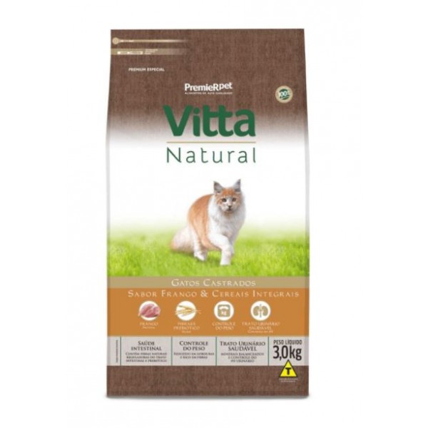 RAÇÃO VITTA NATURAL GATOS CASTRADOS FRANGO E CEREAIS INTEGRAIS 3KG