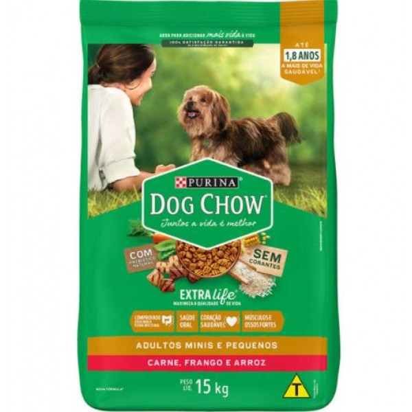 RAÇÃO DOG CHOW EXTRA LIFE CÃES ADULTOS CARNE, FRANGO E ARROZ RAÇAS MINI E PEQUENAS 15KG