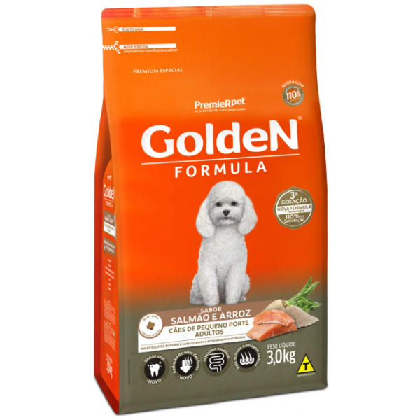 RAÇÃO GOLDEN CÃES ADULTOS RAÇAS PEQUENAS SABOR SALMÃO E ARROZ