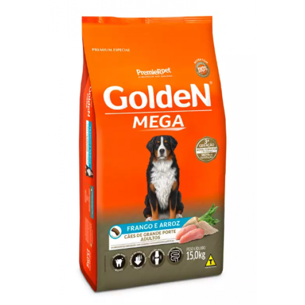 RAÇÃO GOLDEN MEGA CÃES ADULTOS RAÇAS GRANDES FRANGO E ARROZ 15KG